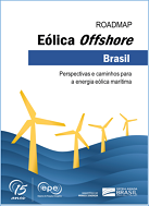 Capa do estudo Roadmap Eólica offshore Brasil, com um mar azul e aerogeradores amarelos desenhados