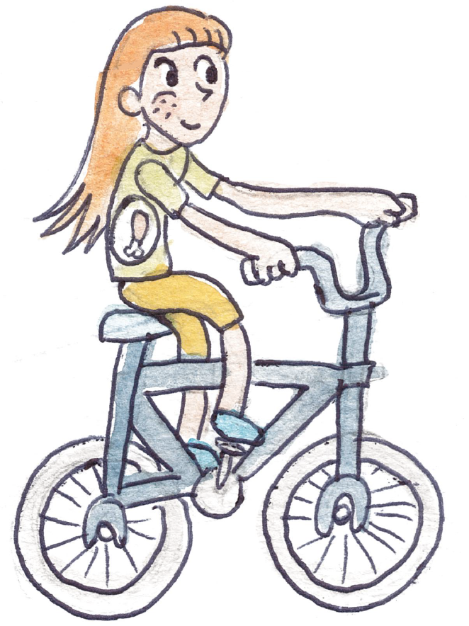 menina em bicicleta com comida na barriga